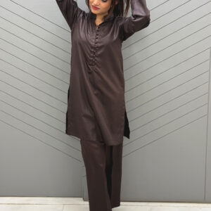 Calm Fit Brown Co-Ord Set Cotton (2 Pcs Stitched)